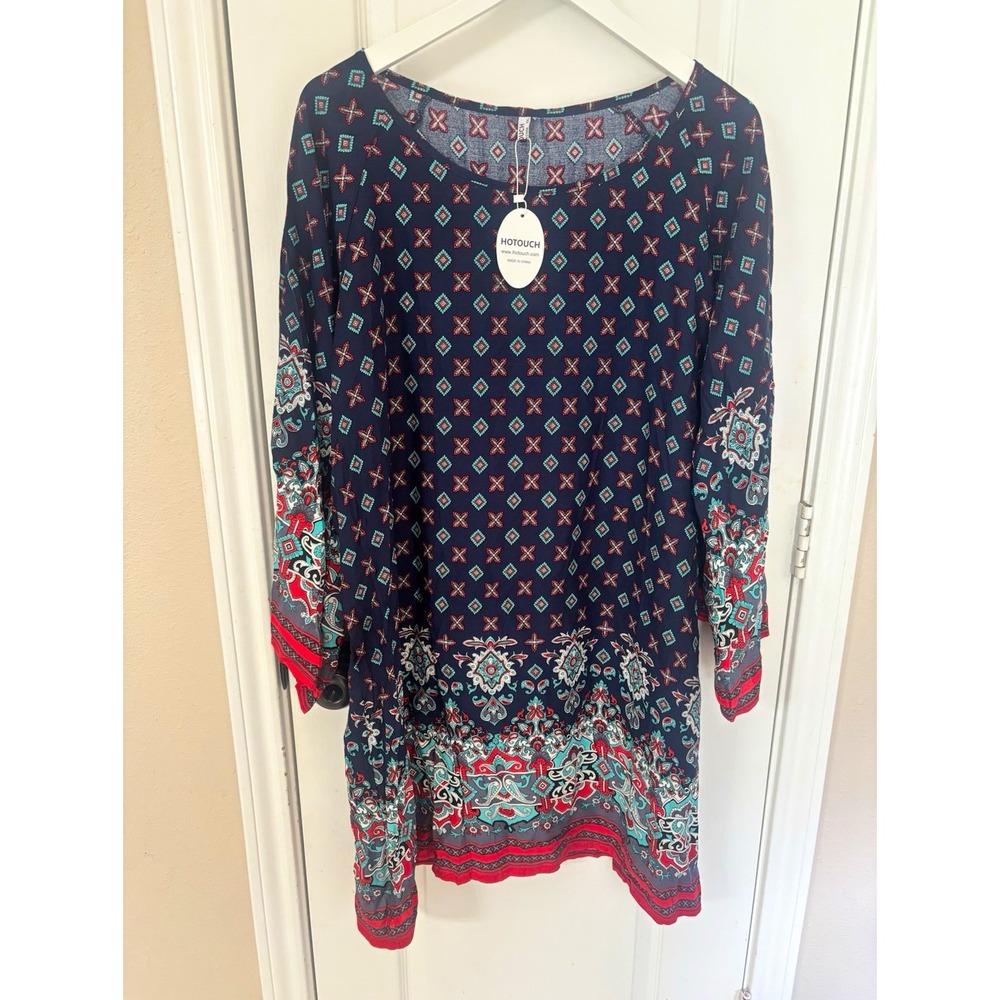 Hotouch NWT Boho Scarf Print Tunic Dress Women XXL Rayon Geo Paisley Print Shift